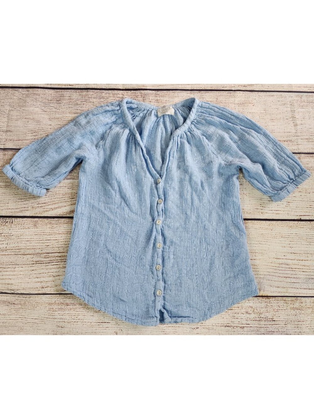 Heroes & Dreamers Small Linen Blend Blue Button Up Blouse Gauze Prairie Peasant